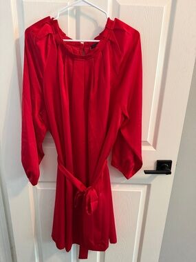 Ann Taylor Red Long Sleeve Tie-Waist Dress